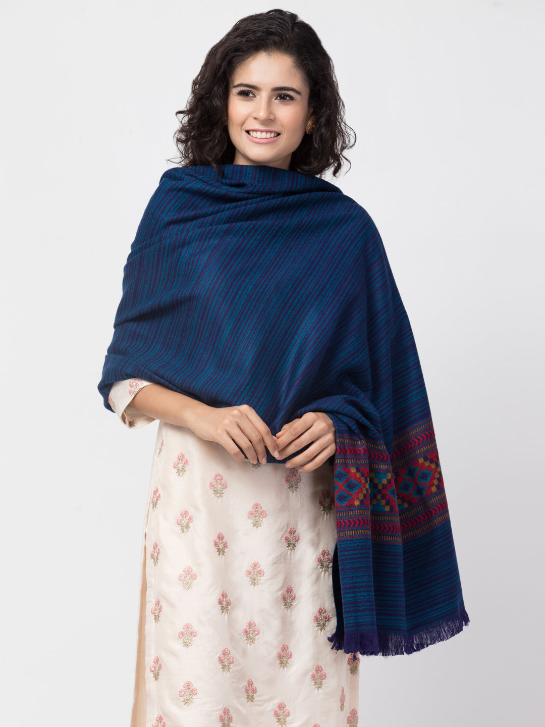Ethnic Kullu Shawl for Women, Traditional Himachali Design with Tribal Motifs - Light Blue