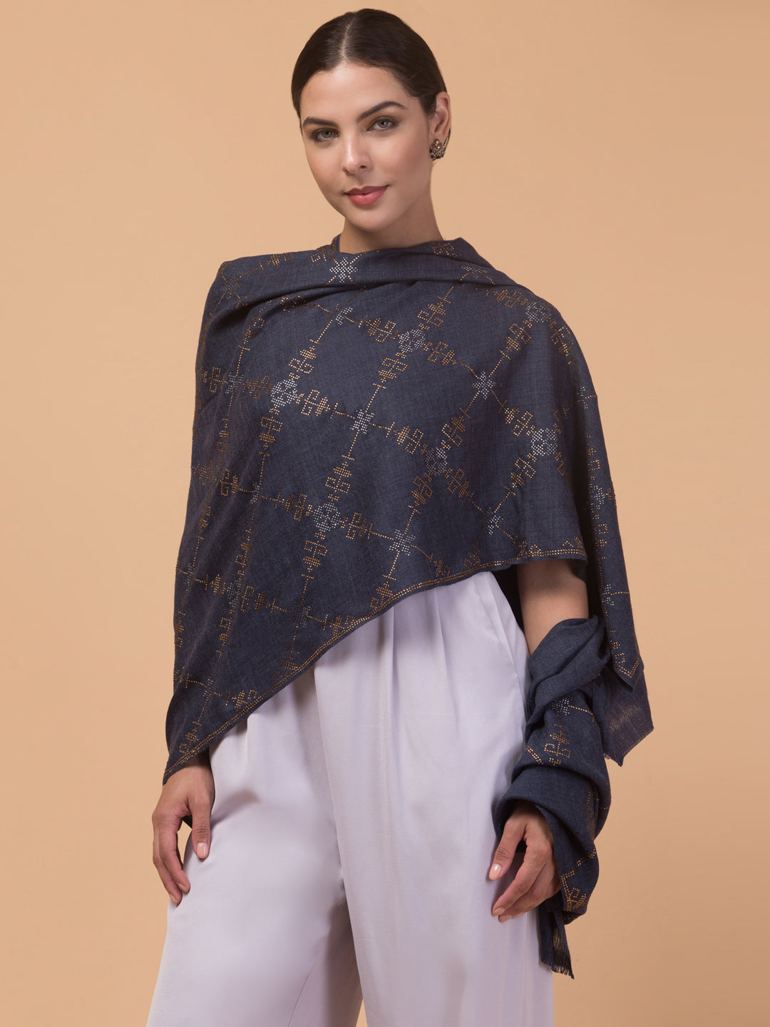 Fine Wool Crystal / Stone Work Stole - Navy Blue