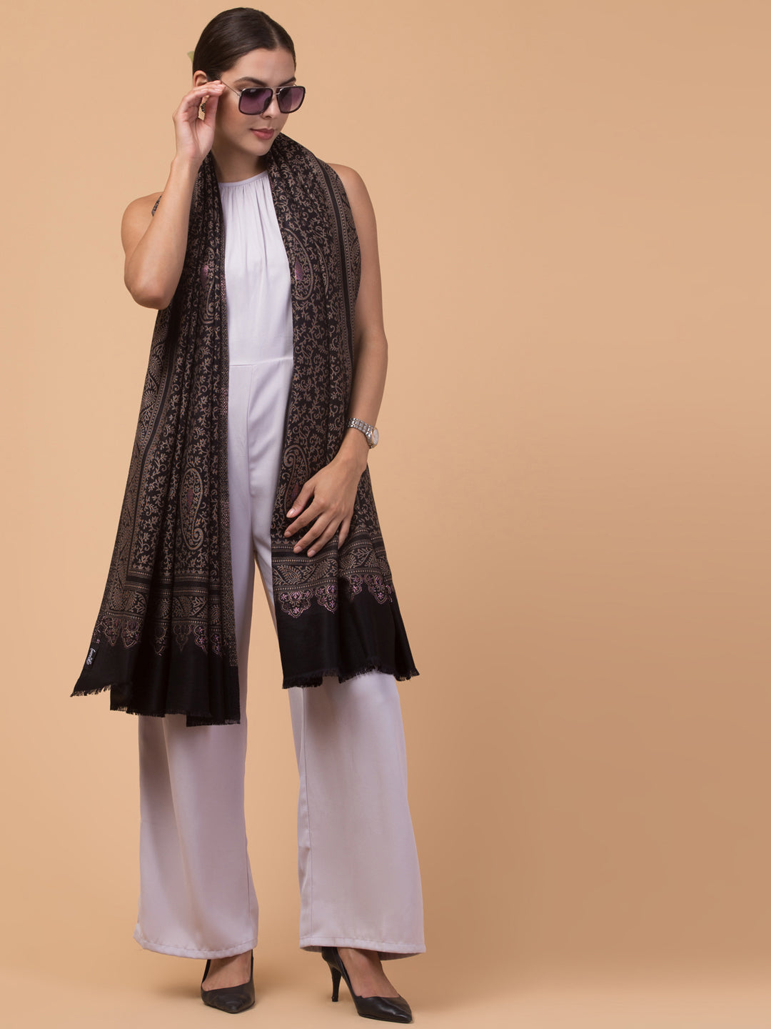 Zari Work Paisley Design Shawl - Black