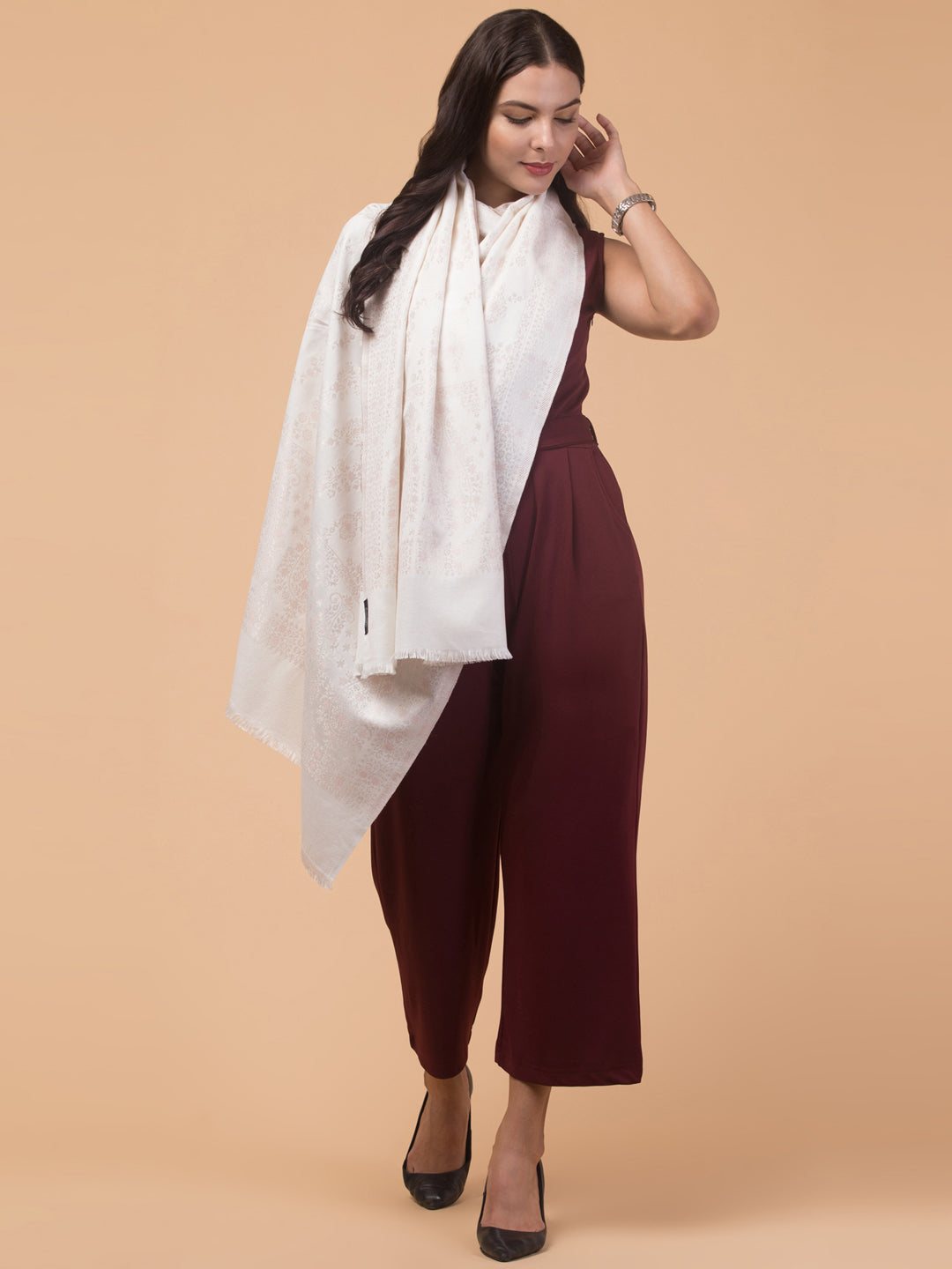 Zari Weave Floral Design Acrylic Stole - White