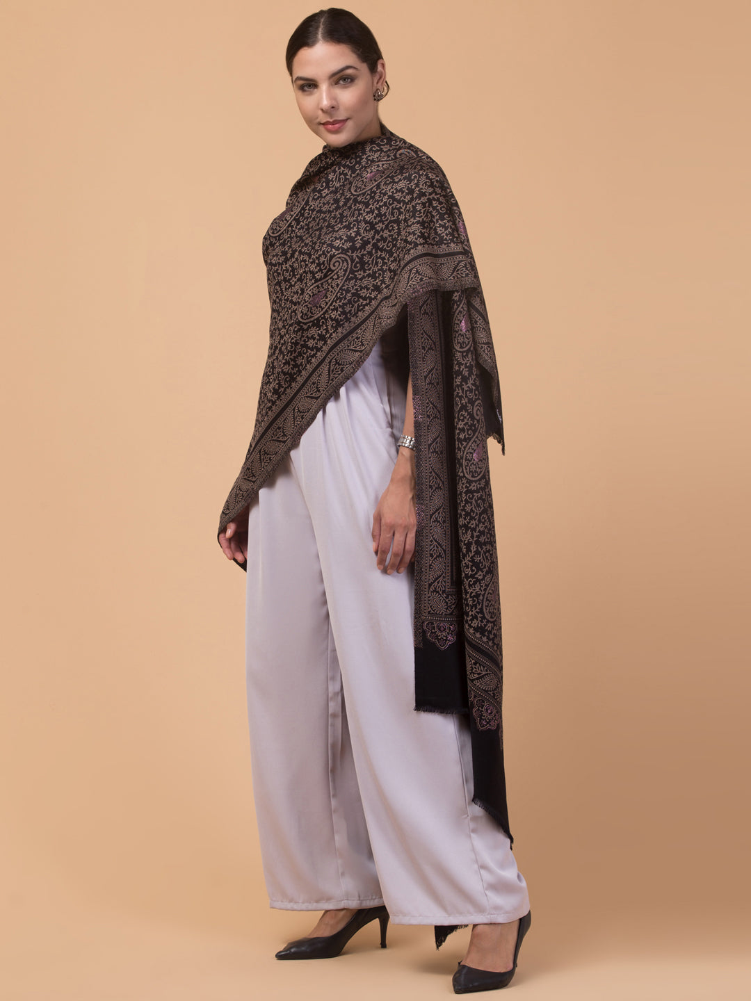 Zari Work Paisley Design Shawl - Black