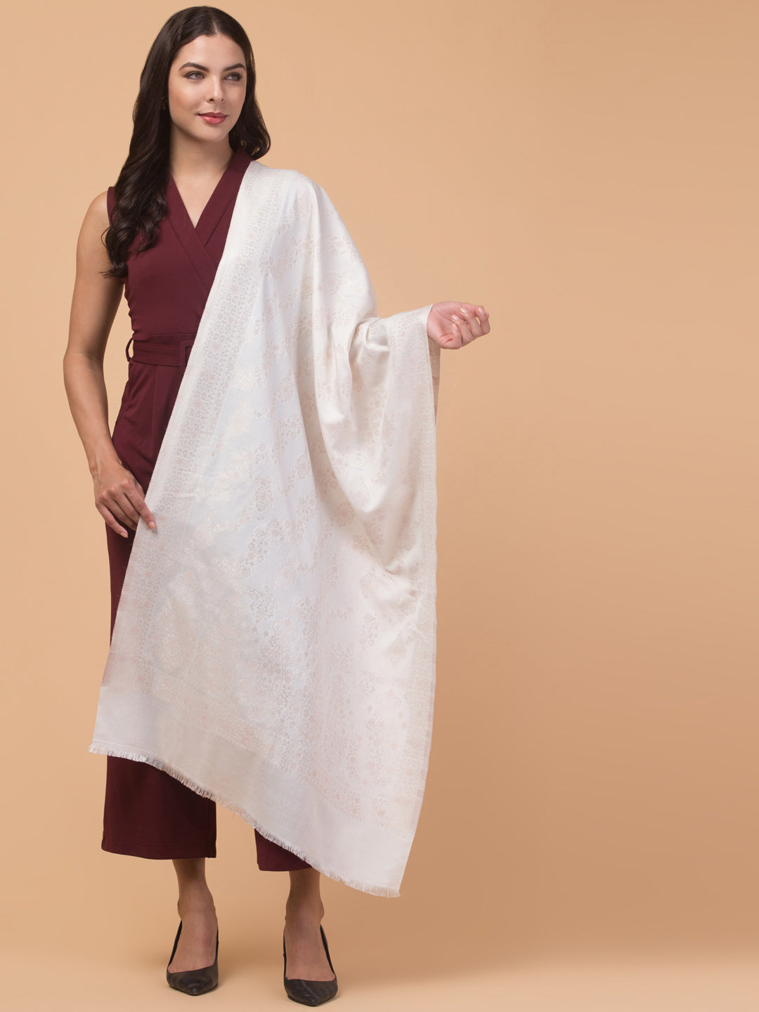 Zari Weave Floral Design Acrylic Stole - White