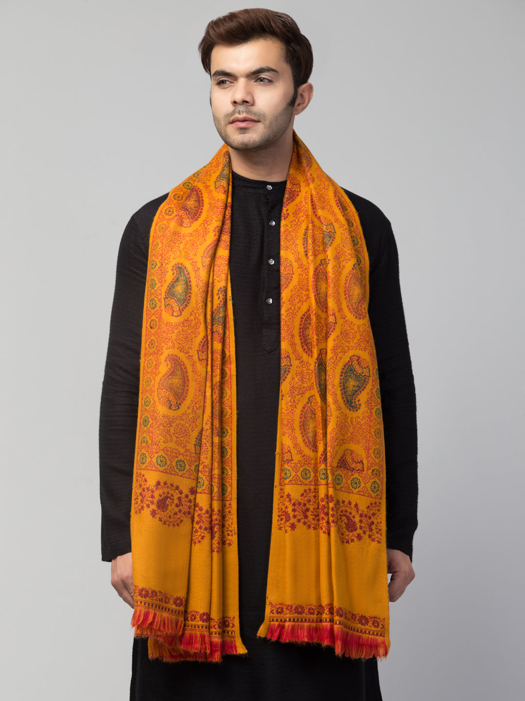 Tweedle Men’s Jamawar Paisley Design Woolen Shawl / Stole for Winters - Mustard (40 x 80 inches)