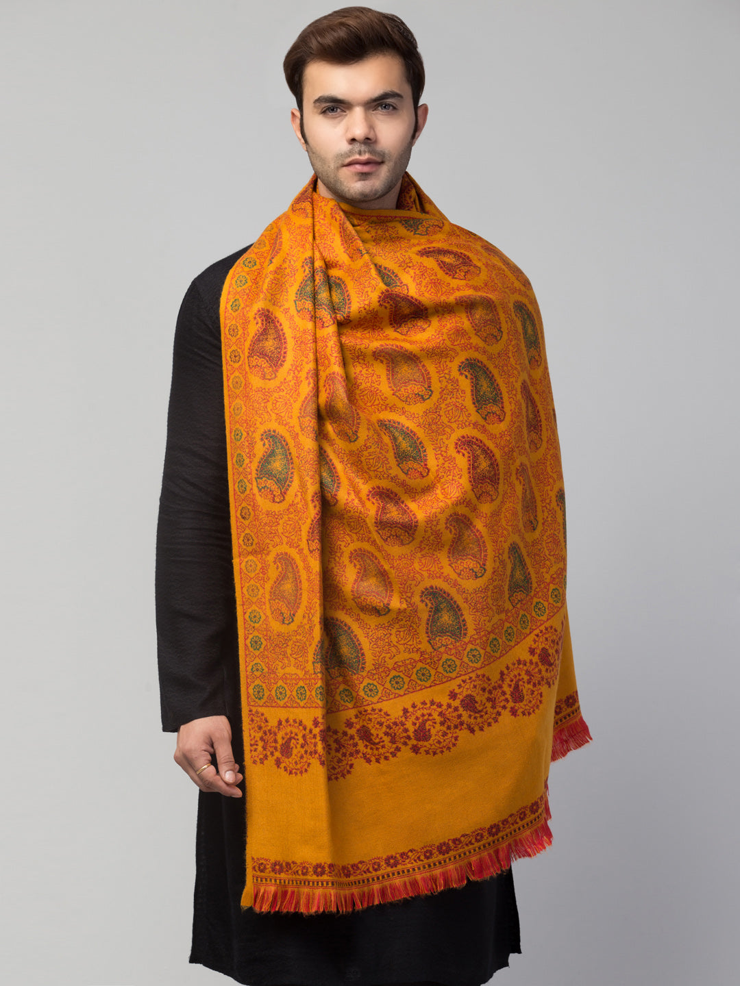 Tweedle Men’s Jamawar Paisley Design Woolen Shawl / Stole for Winters - Mustard (40 x 80 inches)