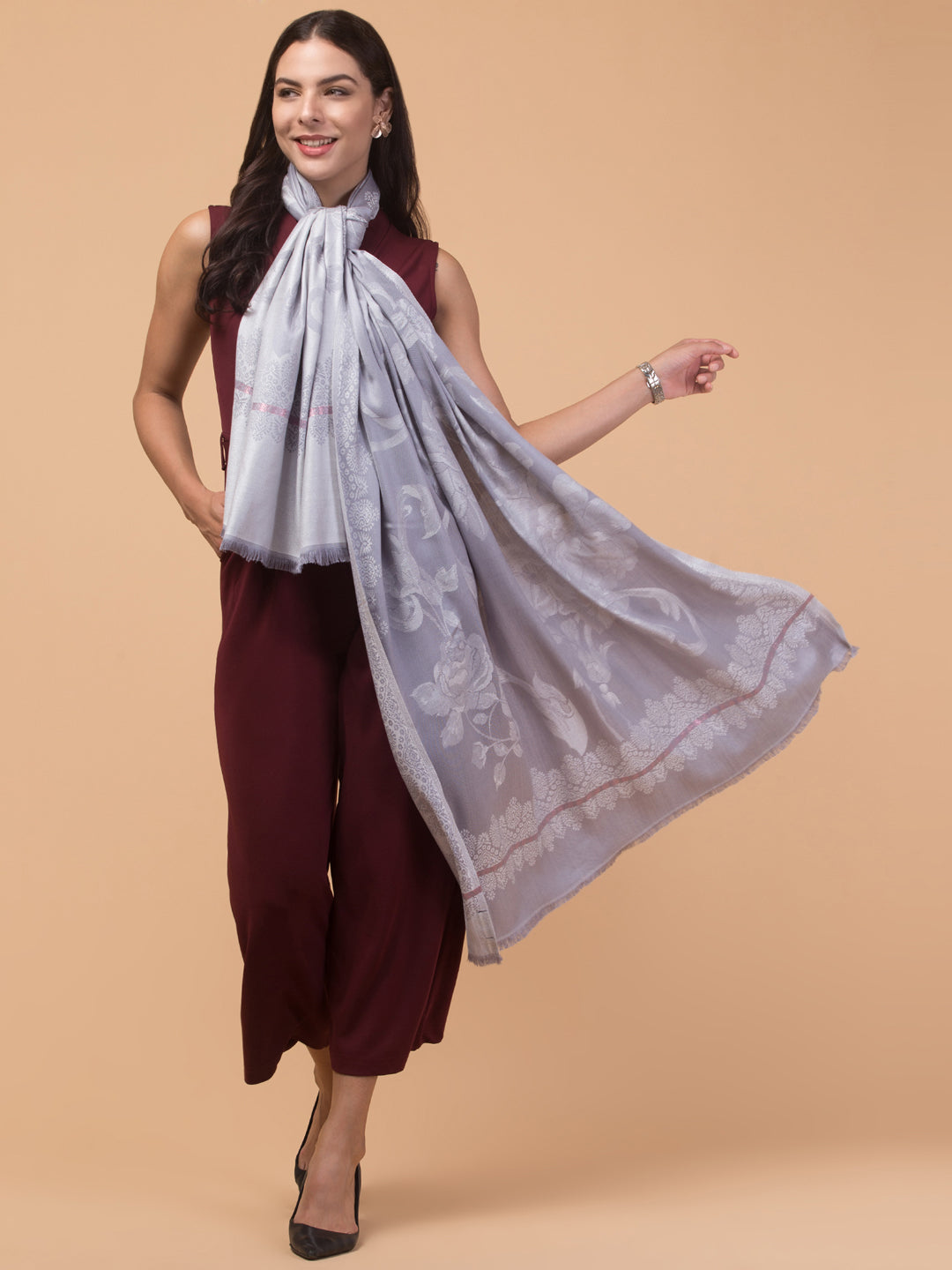 Soft and Smooth Feel, Rose Design, Reversible Shawl - Blue