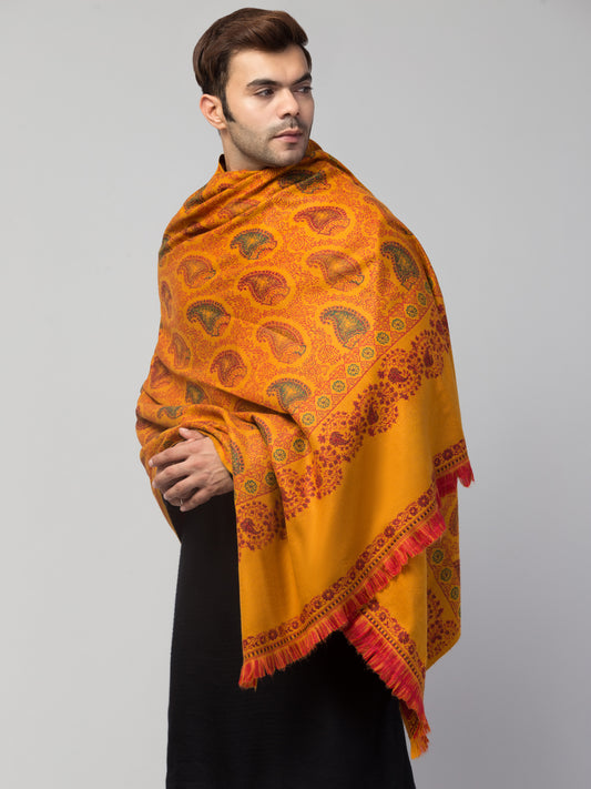 Tweedle Men’s Jamawar Paisley Design Woolen Shawl / Stole for Winters - Mustard (40 x 80 inches)