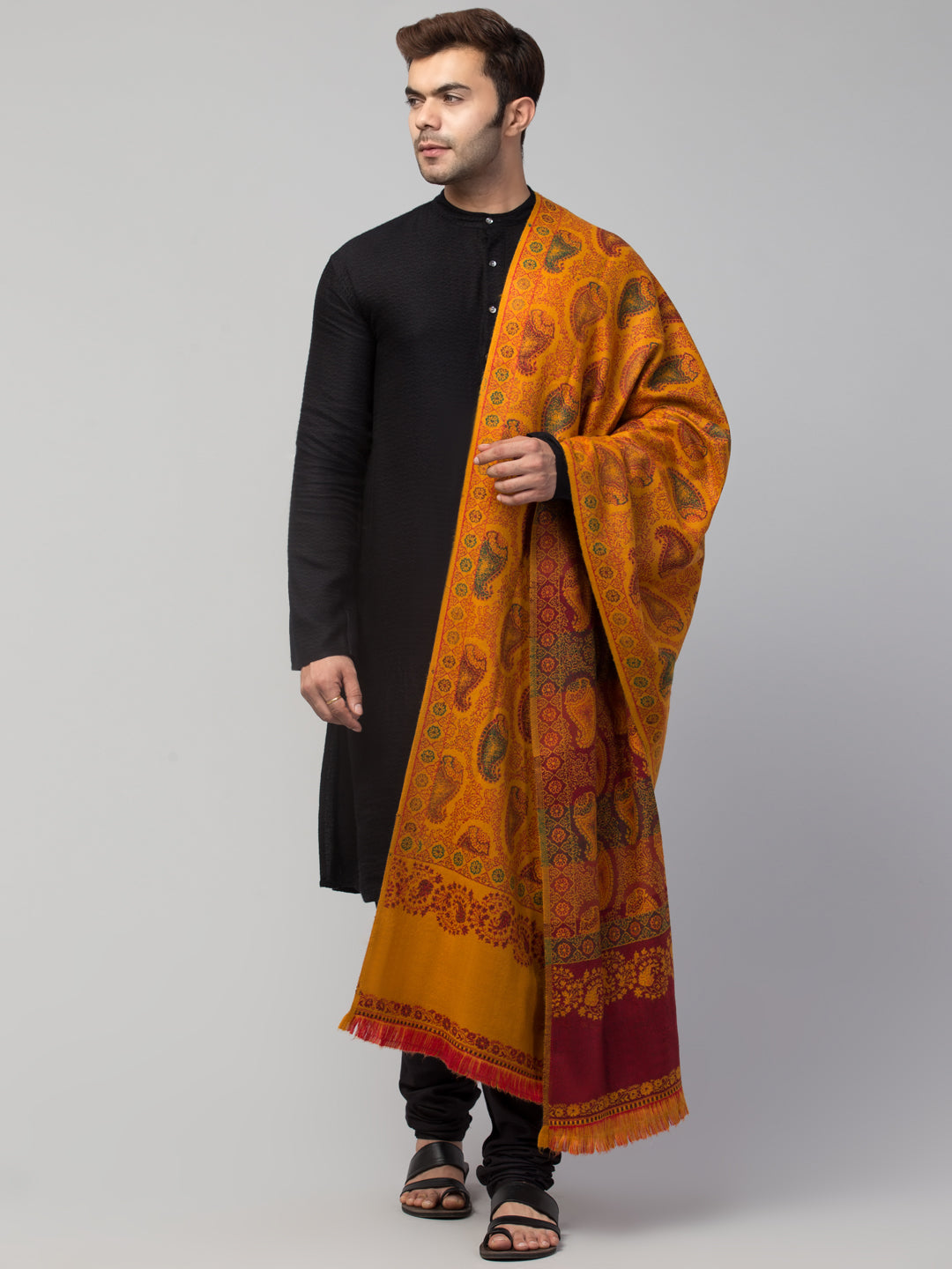 Tweedle Men’s Jamawar Paisley Design Woolen Shawl / Stole for Winters - Mustard (40 x 80 inches)