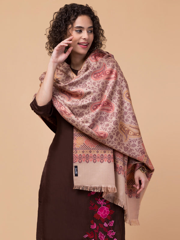 Ethnic Paisley Design Stole with Fringed Edges  - Beige