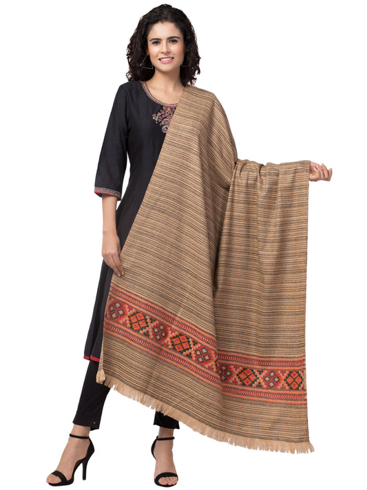 Ethnic Kullu Shawl for Women, Traditional Himachali Design with Tribal Motifs - Beige