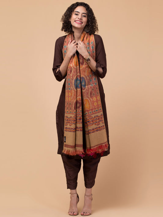 Tweedle Women’s Jamawar Paisley Design Woolen Shawl / Stole for Winters - Beige (40 x 80 inches)