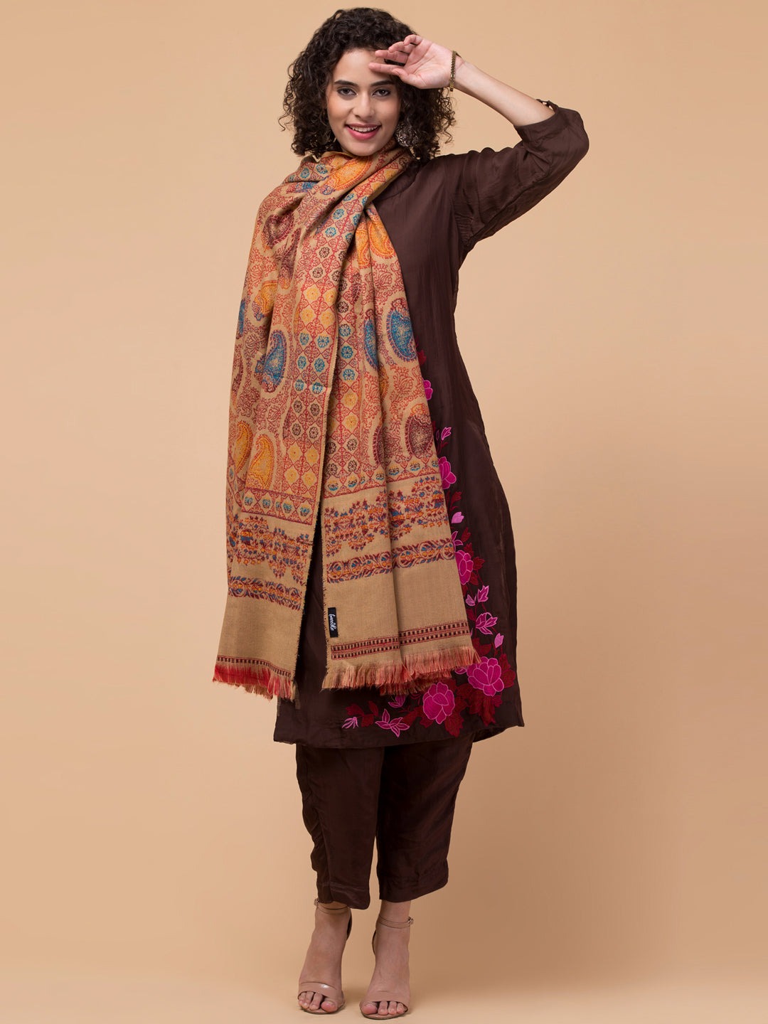 Tweedle Women’s Jamawar Paisley Design Woolen Shawl / Stole for Winters - Beige (40 x 80 inches)