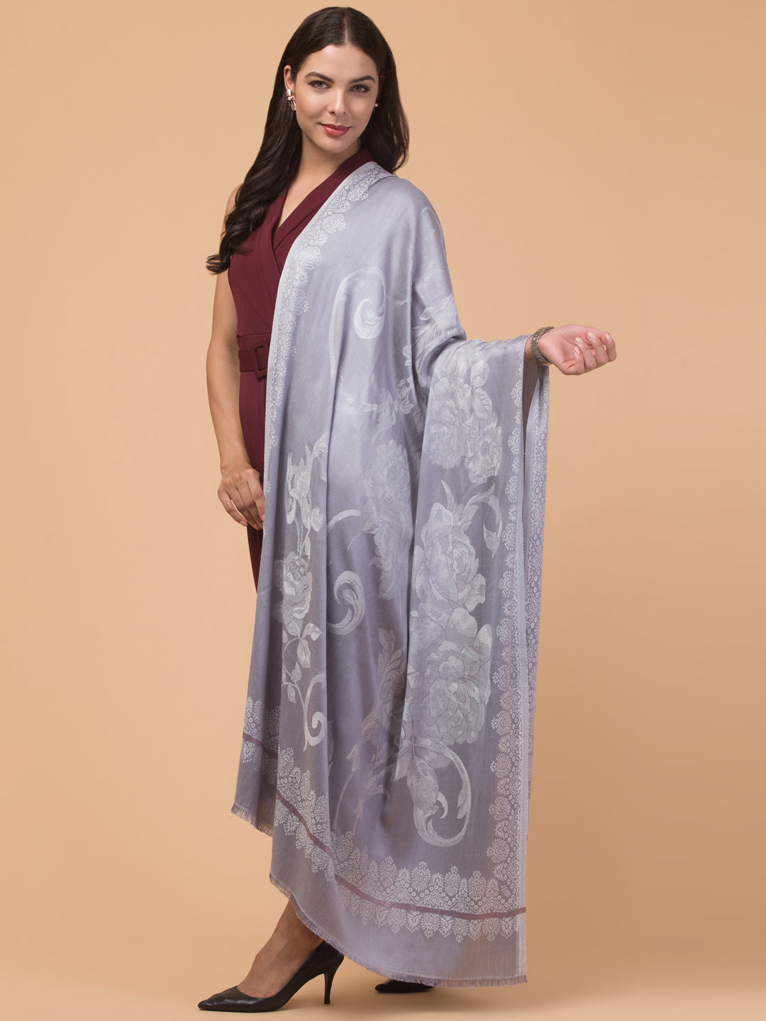 Soft and Smooth Feel, Rose Design, Reversible Shawl - Blue