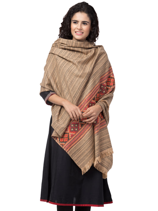 Ethnic Kullu Shawl for Women, Traditional Himachali Design with Tribal Motifs - Beige