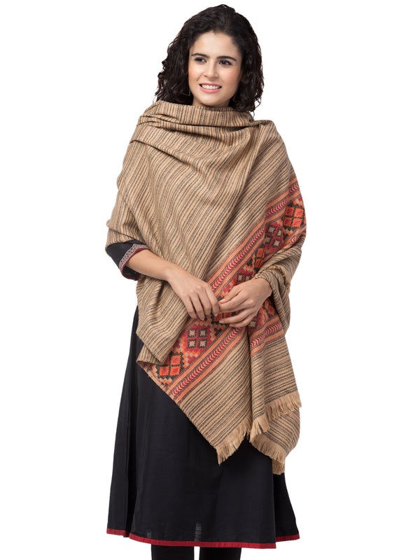 Traditional Kullu Design Acrylic Shawl - Beige