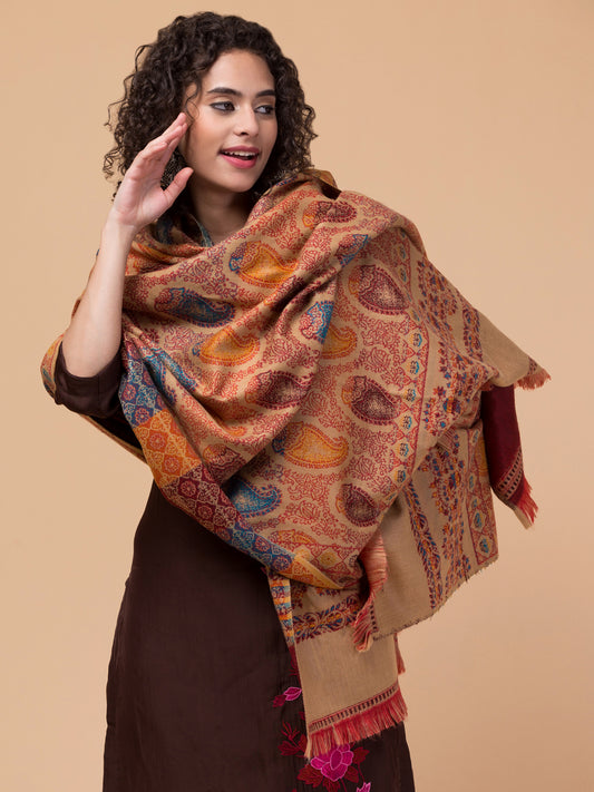 Tweedle Women’s Jamawar Paisley Design Woolen Shawl / Stole for Winters - Beige (40 x 80 inches)