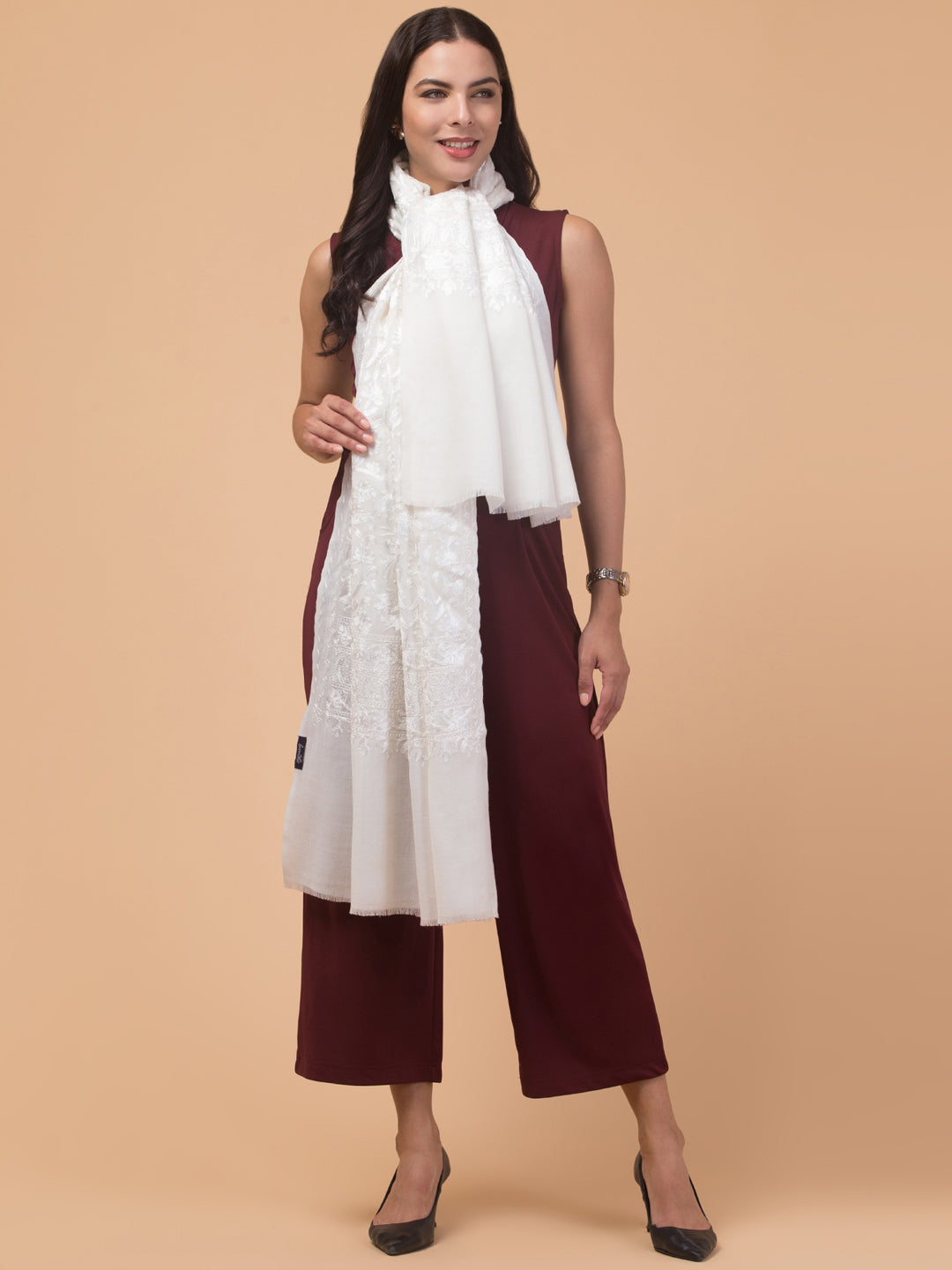 tweedle Women's Fine Wool Tone to Tone  Kashmiri Embroidery Stole - Off White