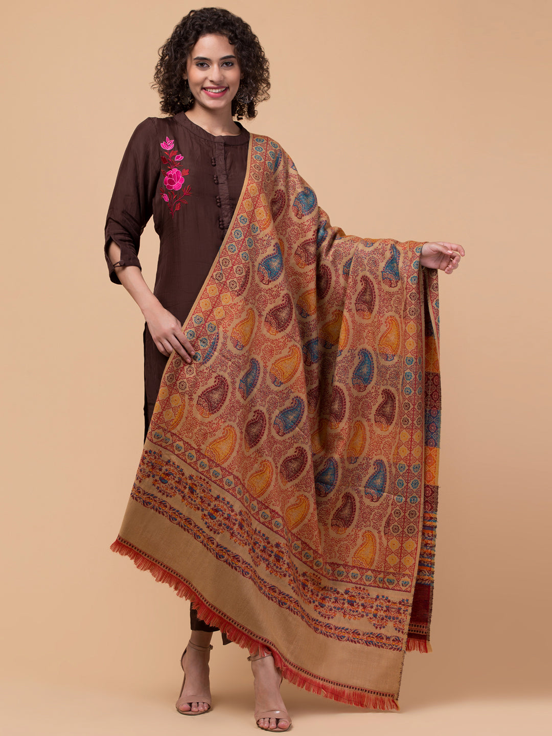 Tweedle Women’s Jamawar Paisley Design Woolen Shawl / Stole for Winters - Beige (40 x 80 inches)