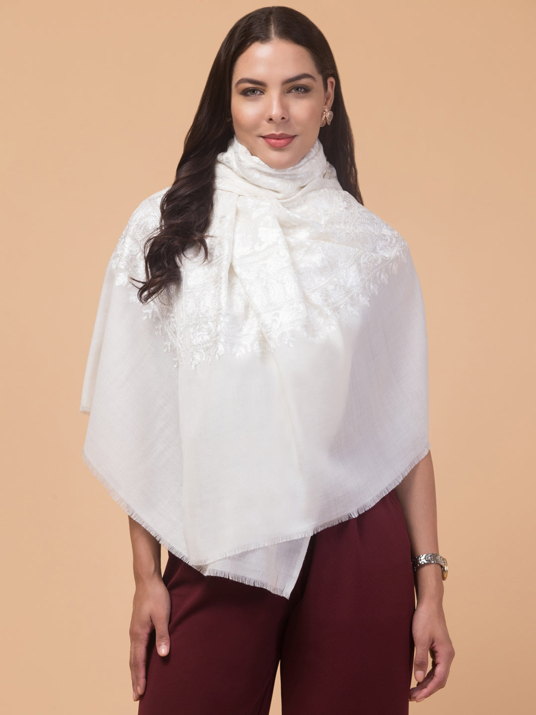 tweedle Women's Fine Wool Tone to Tone  Kashmiri Embroidery Stole - Off White