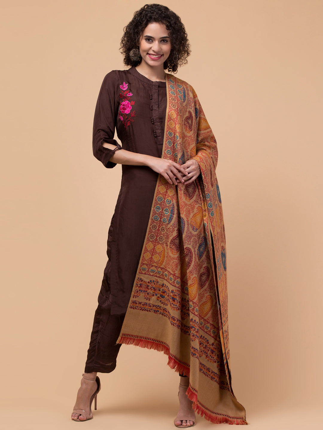 Tweedle Women’s Jamawar Paisley Design Woolen Shawl / Stole for Winters - Beige (40 x 80 inches)