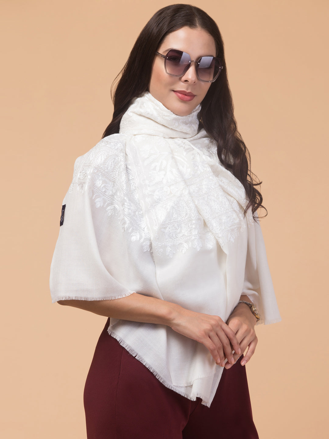 tweedle Women's Fine Wool Tone to Tone  Kashmiri Embroidery Stole - Off White