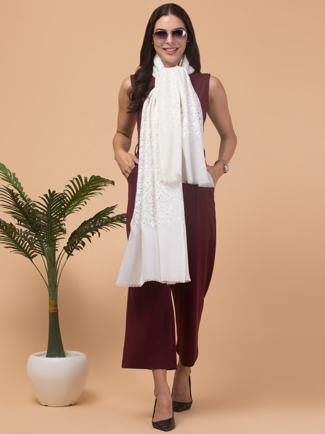 tweedle Women's Fine Wool Tone to Tone Aari Embroidery Stole with Stone Work - Off White