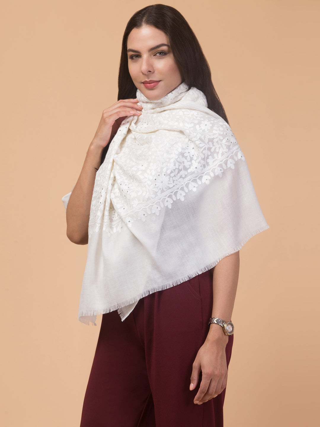 tweedle Women's Fine Wool Tone to Tone Aari Embroidery Stole with Stone Work - Off White