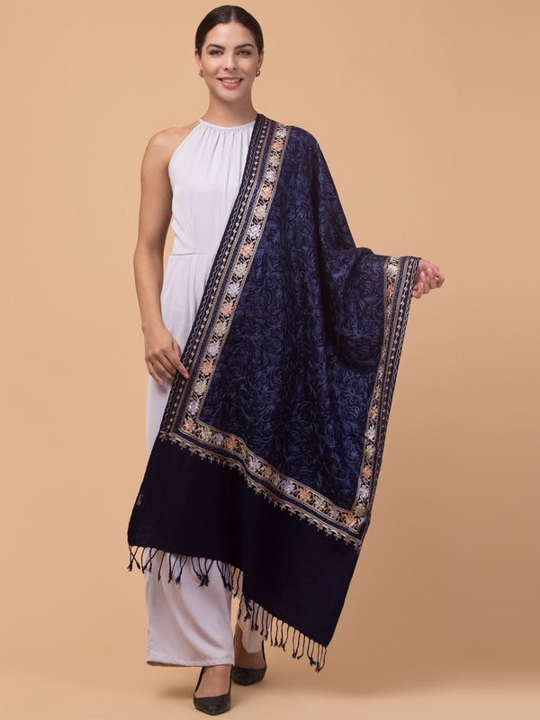 Acro Wool, Soft Feel Kashmiri Embroidery Stole for Winters - Navy Blue