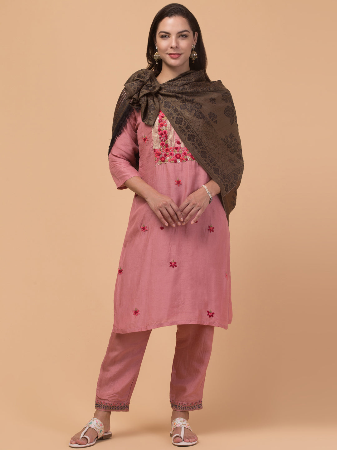 Reversible Fusion, Floral Design Shawl for Winter - Black