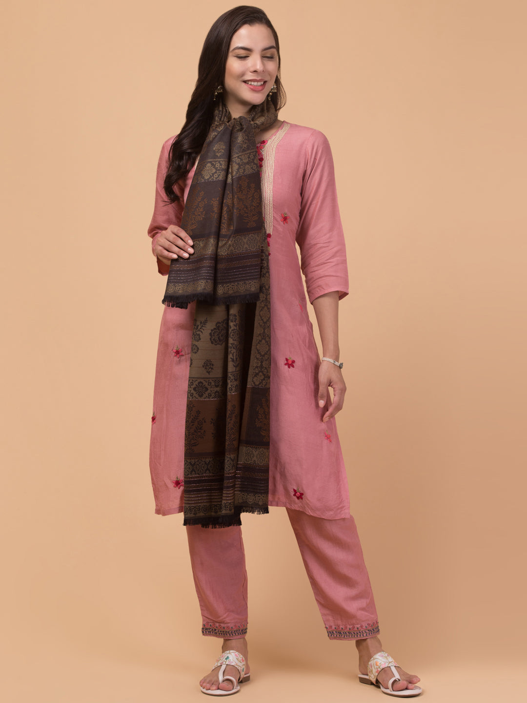 Reversible Fusion, Floral Design Shawl for Winter - Black