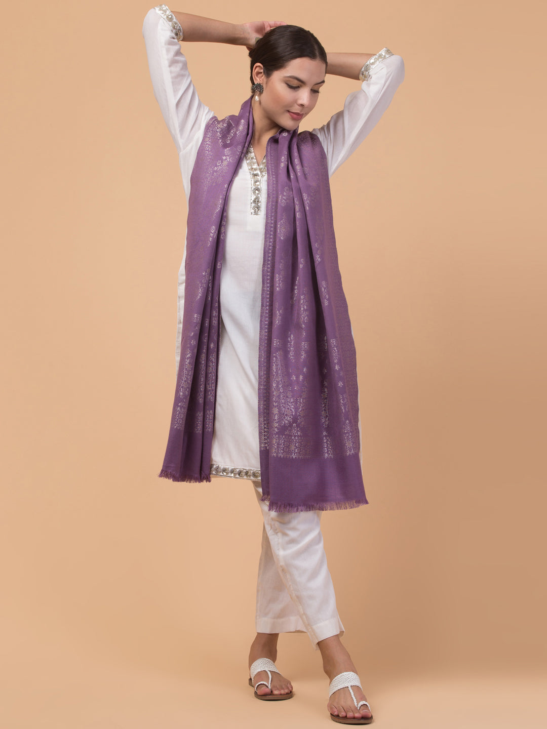 Zari Weave Floral Design Acrylic Stole - Purple