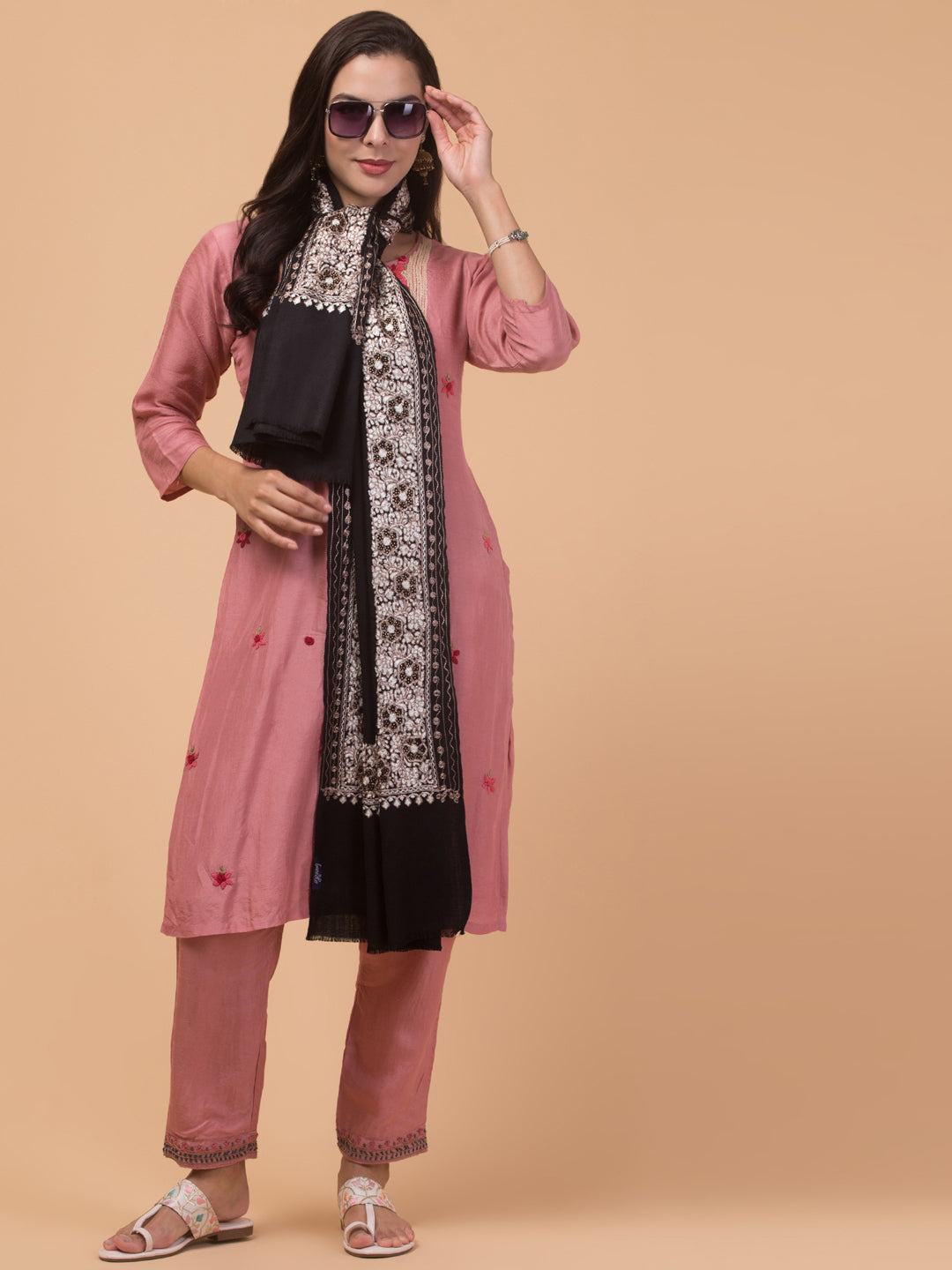 Fine Wool Embroidered Stole, Floral Pattern and Stone Work Border, Black