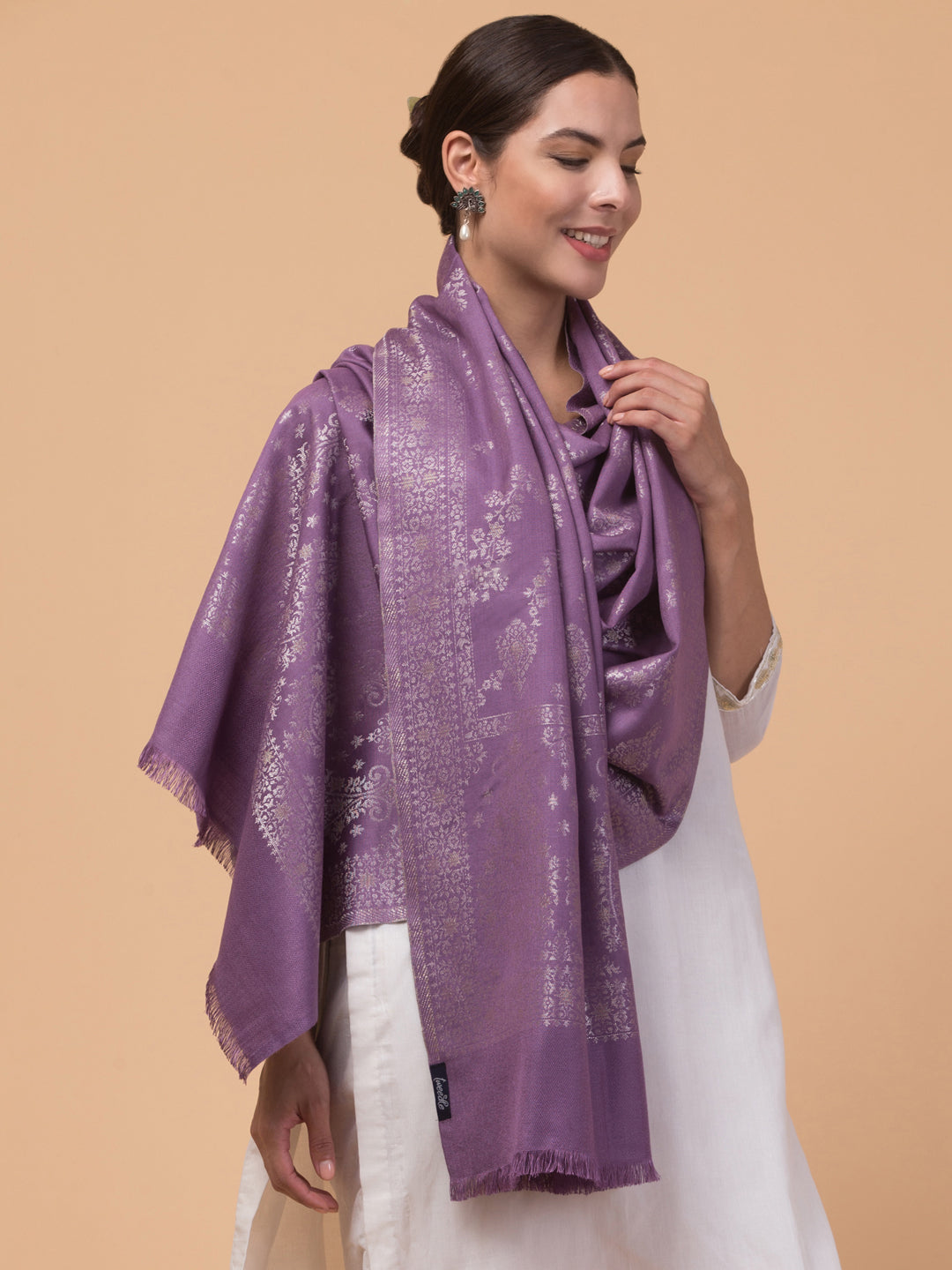 Zari Weave Floral Design Acrylic Stole - Purple