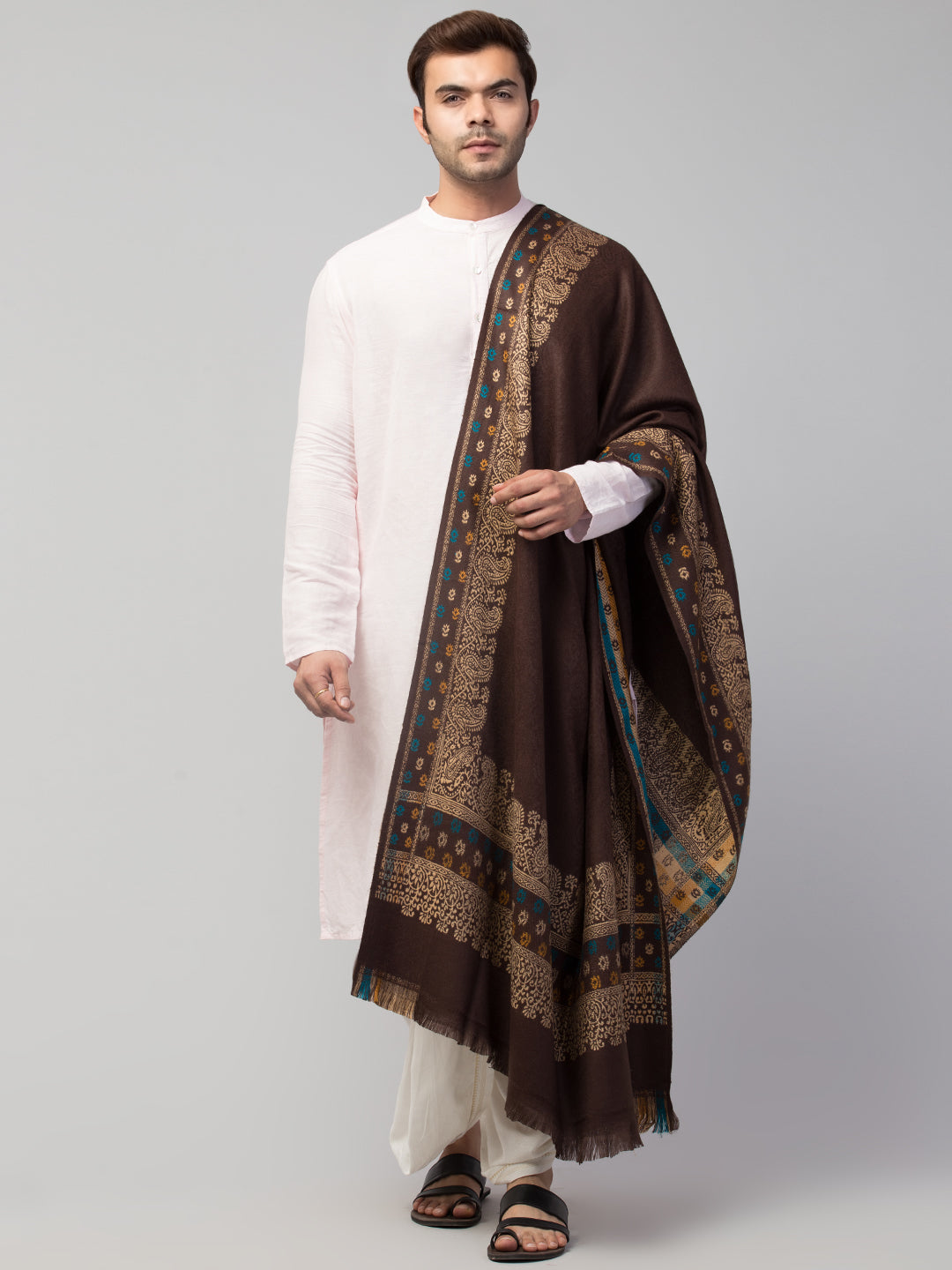 Jamawar Weave Plain Self Design with Border Shawl - Brown