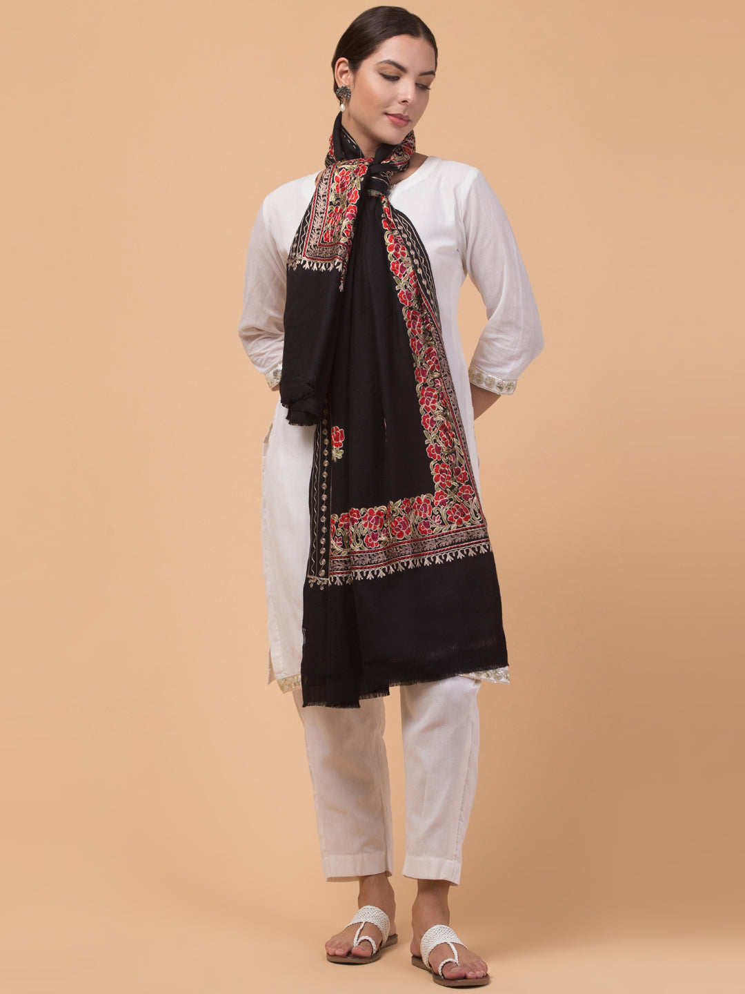 Tweedle Women’s Gulbahaar Aari Embroidery Stole/ Scarf - Black (Size-28x80)