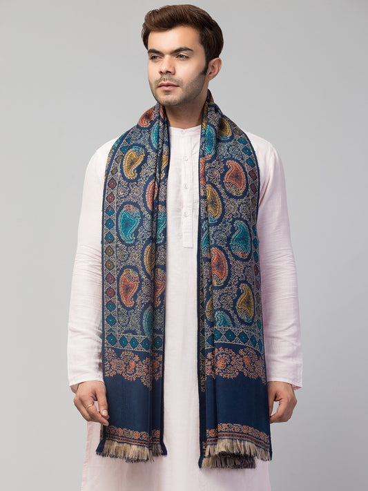 Tweedle Men’s Jamawar Paisley Design Woolen Shawl / Stole for Winters - Blue  (40 x 80 inches)