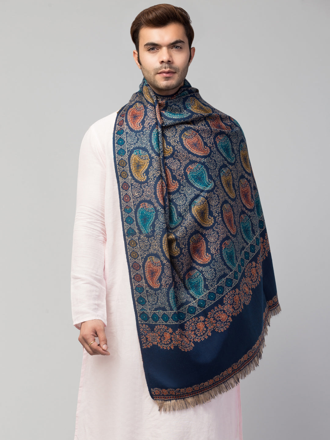 Tweedle Men’s Jamawar Paisley Design Woolen Shawl / Stole for Winters - Blue  (40 x 80 inches)