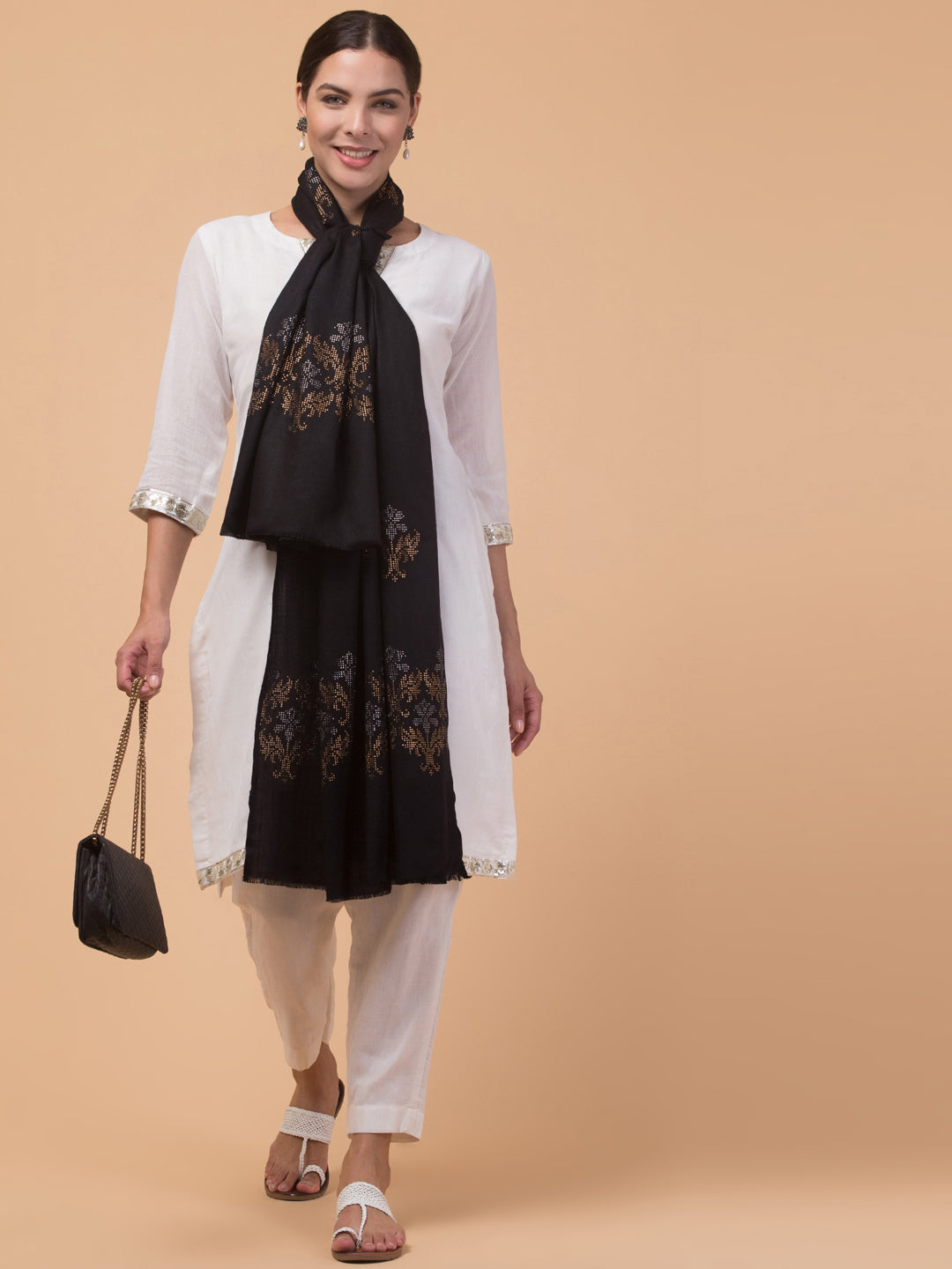 Crystal /Stone Booti Work Fine Wool Stole - Black