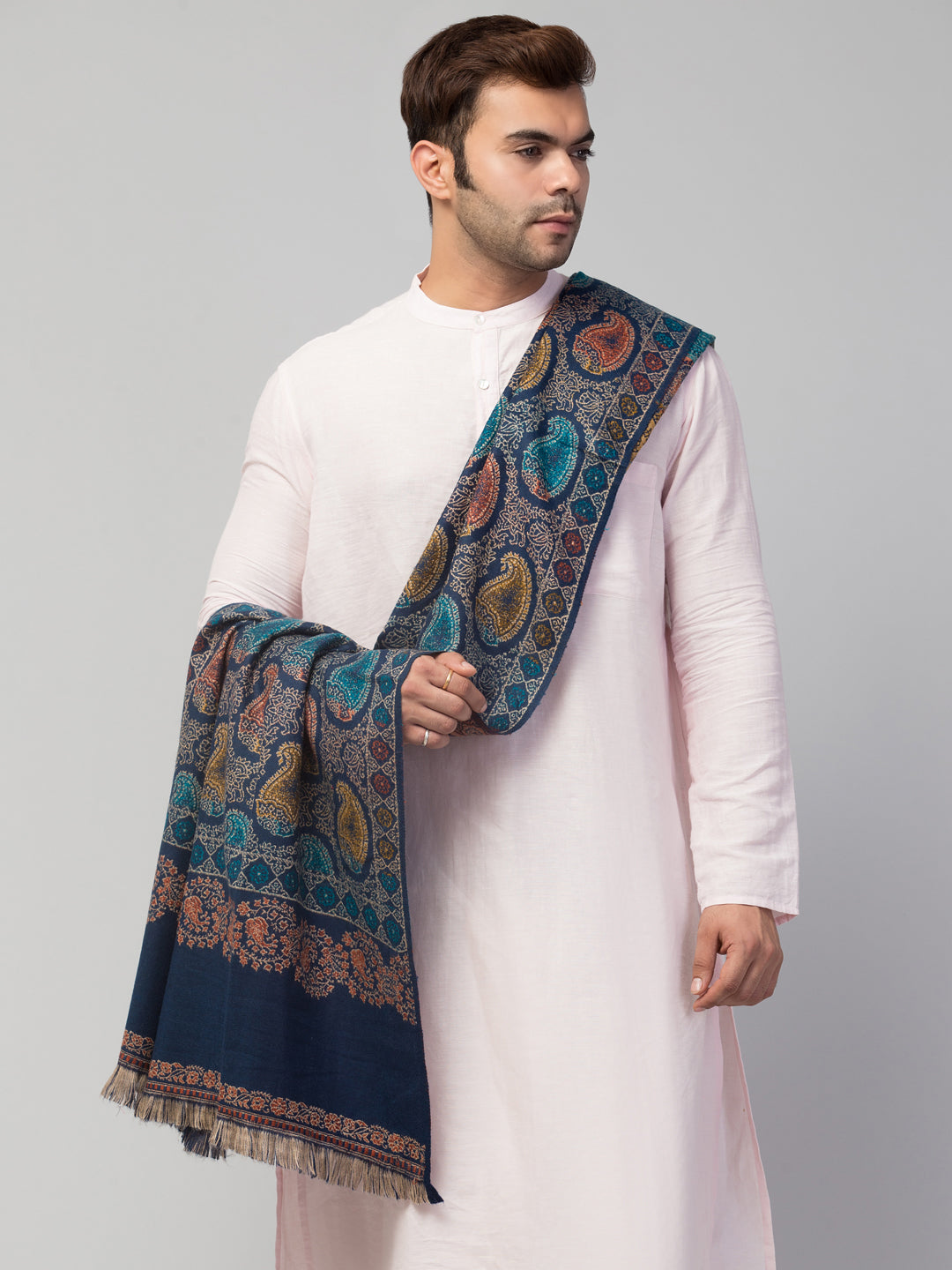 Tweedle Men’s Jamawar Paisley Design Woolen Shawl / Stole for Winters - Blue  (40 x 80 inches)