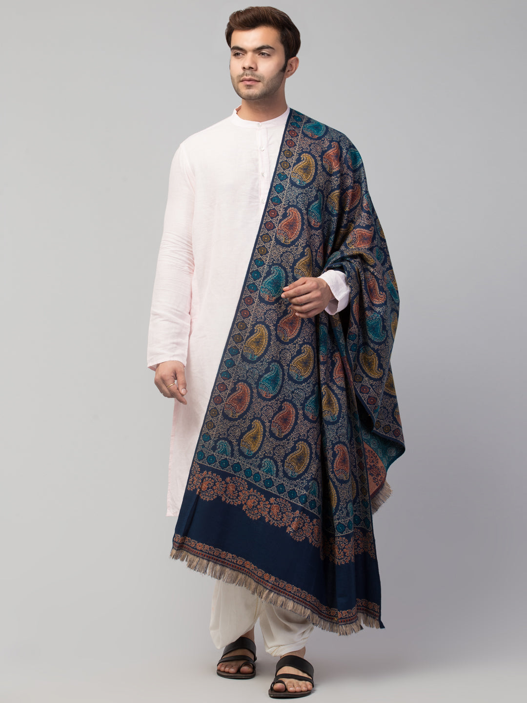 Tweedle Men’s Jamawar Paisley Design Woolen Shawl / Stole for Winters - Blue  (40 x 80 inches)