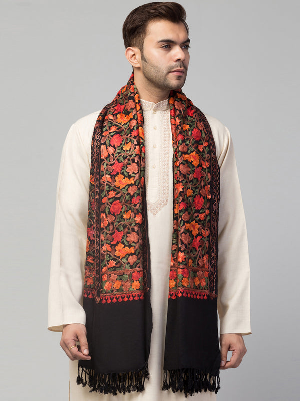 tweedle Mens Black Warm Cashmilon Wool Kashmiri Aari Embroidery Shawl/Stole (Size 28 x 80 inches)