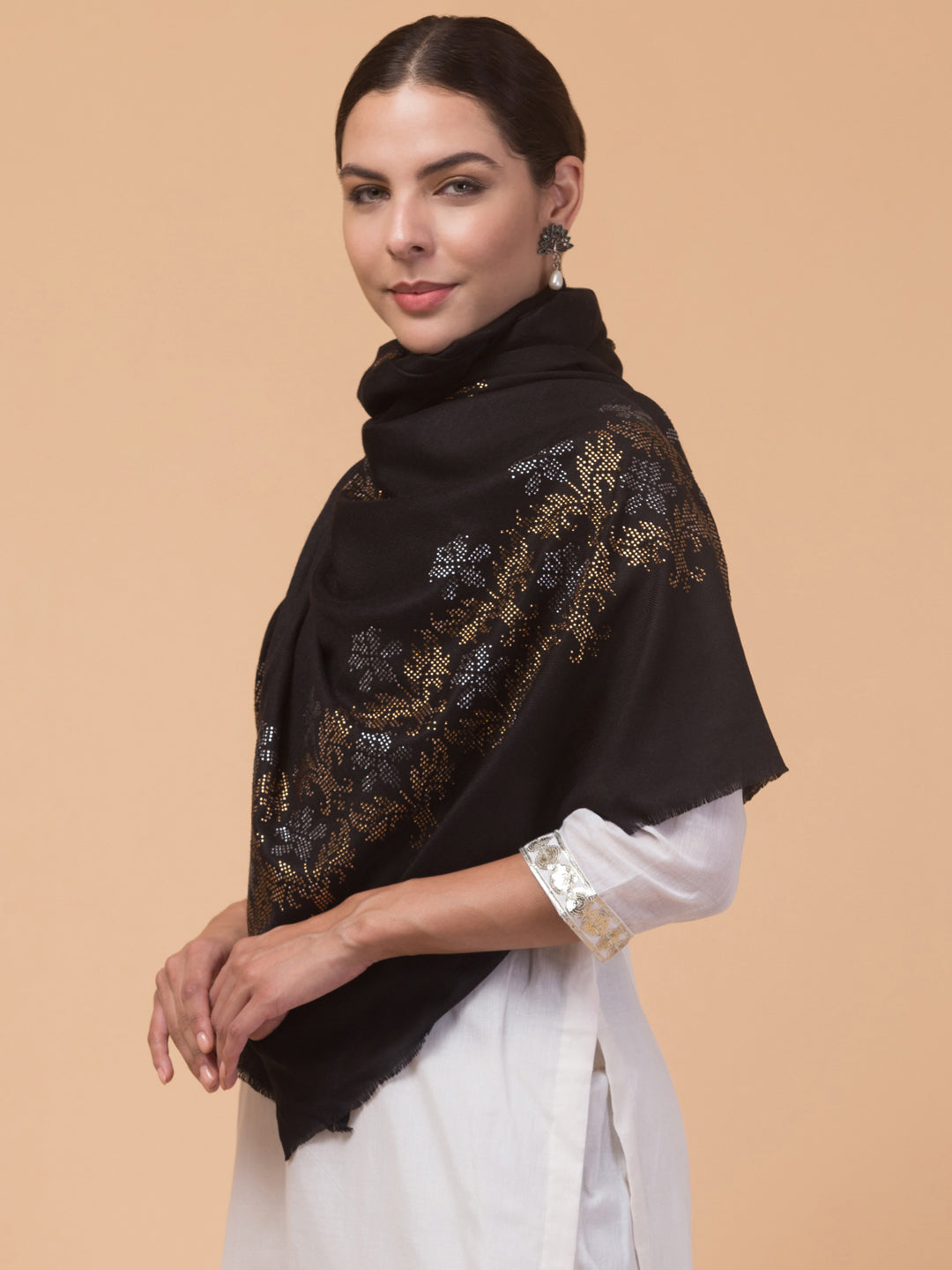 Crystal /Stone Booti Work Fine Wool Stole - Black