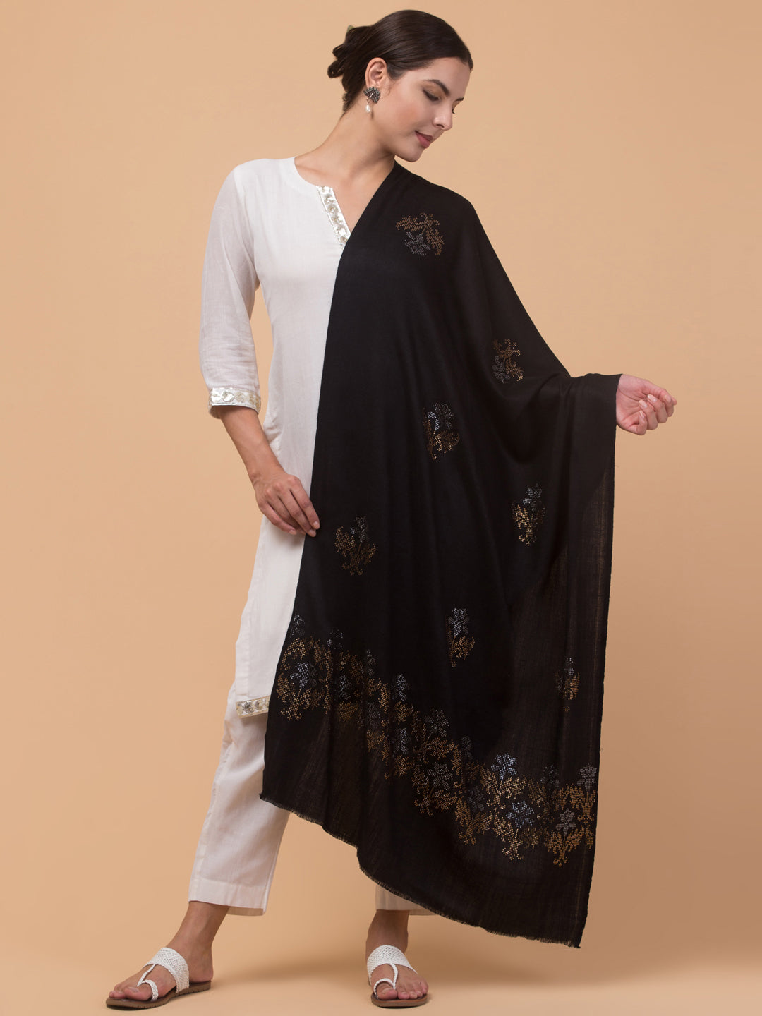 Crystal /Stone Booti Work Fine Wool Stole - Black