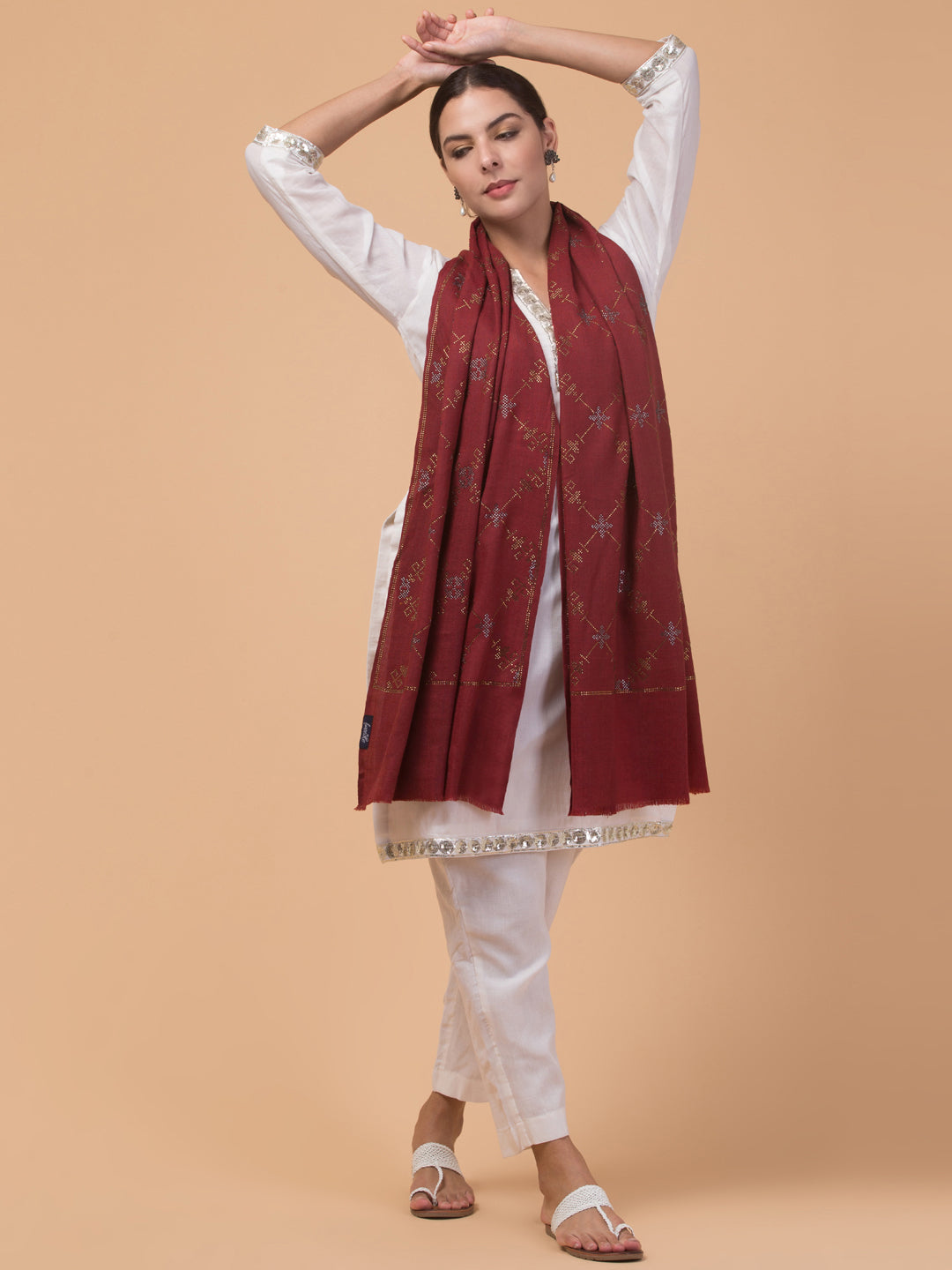 Fine Wool Crystal / Stone Work Stole - Maroon