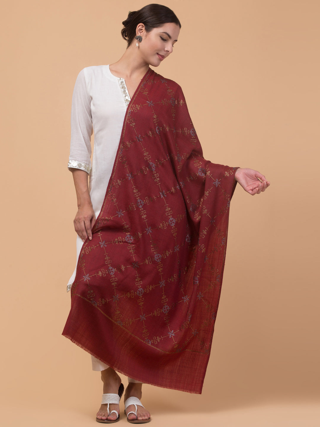Fine Wool Crystal / Stone Work Stole - Maroon