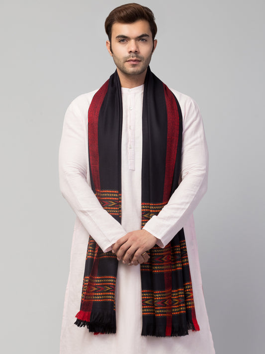 Ethnic Kullu Shawl for Men, Traditional Himachali Design with Tribal Motifs - Black (Size -40x80)