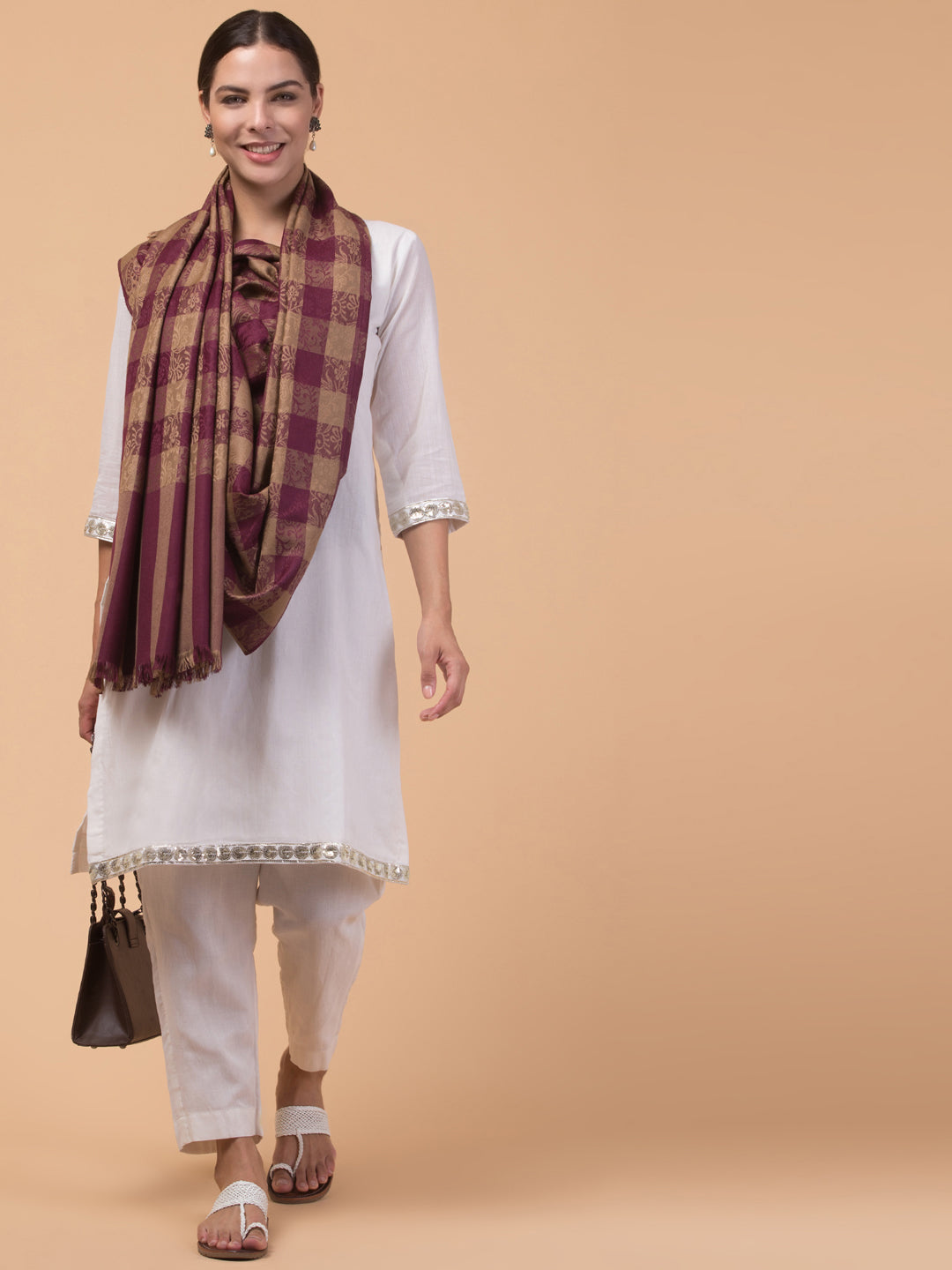 Reversible, Check Design, Woven Shawl - Wine