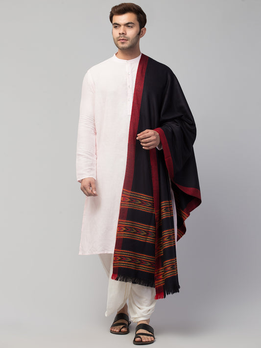 Ethnic Kullu Shawl for Men, Traditional Himachali Design with Tribal Motifs - Black (Size -40x80)