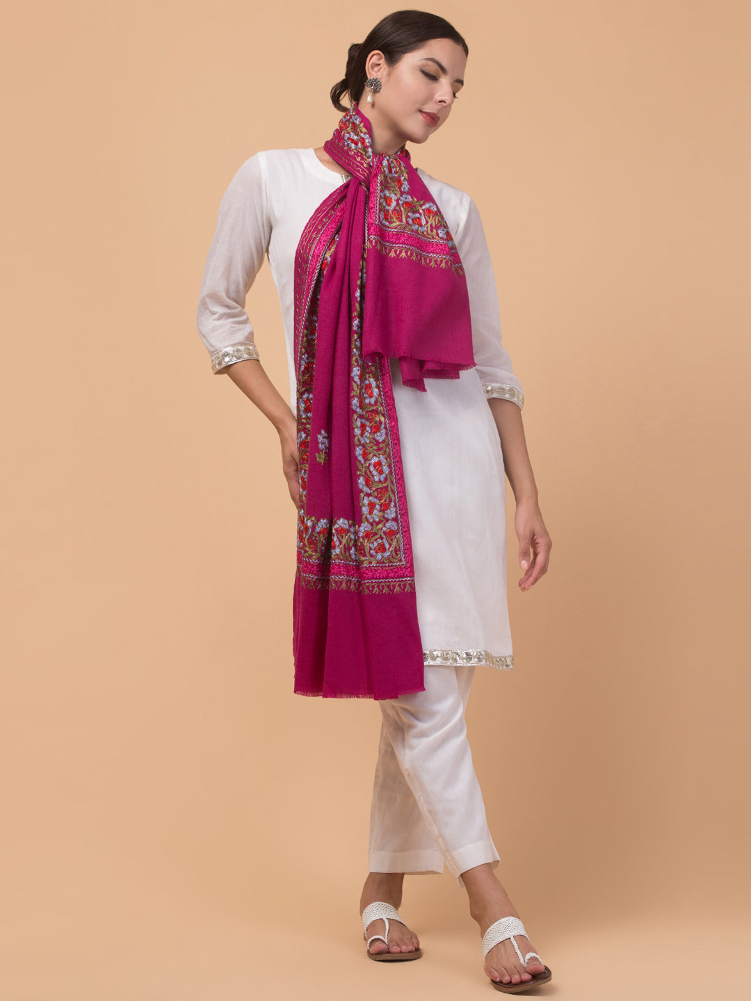 Tweedle Women’s Gulbahaar Aari Embroidery Stole/ Scarf - Rose (Size-28x80)