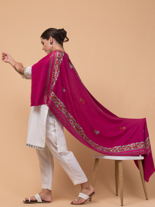 Kashmiri Aari Embroidery Stole, Solid Color with Multicolor Floral Design - Rose