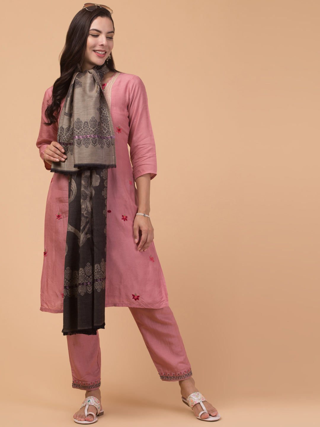 Soft and Smooth Feel, Rose Design, Reversible Shawl - Black